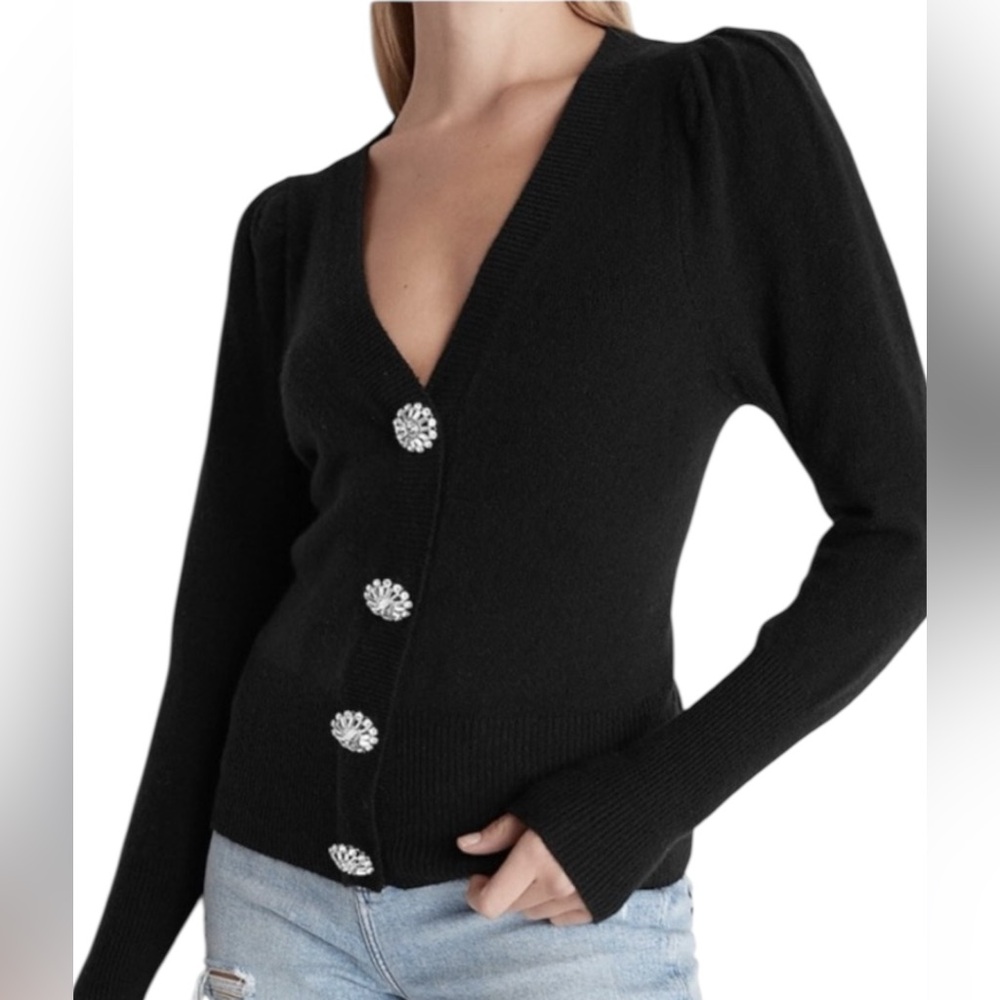 Express Black Puff Sleeve‎ V-Neck Sweater Cardigan w/ Crystal Buttons NWOT Large